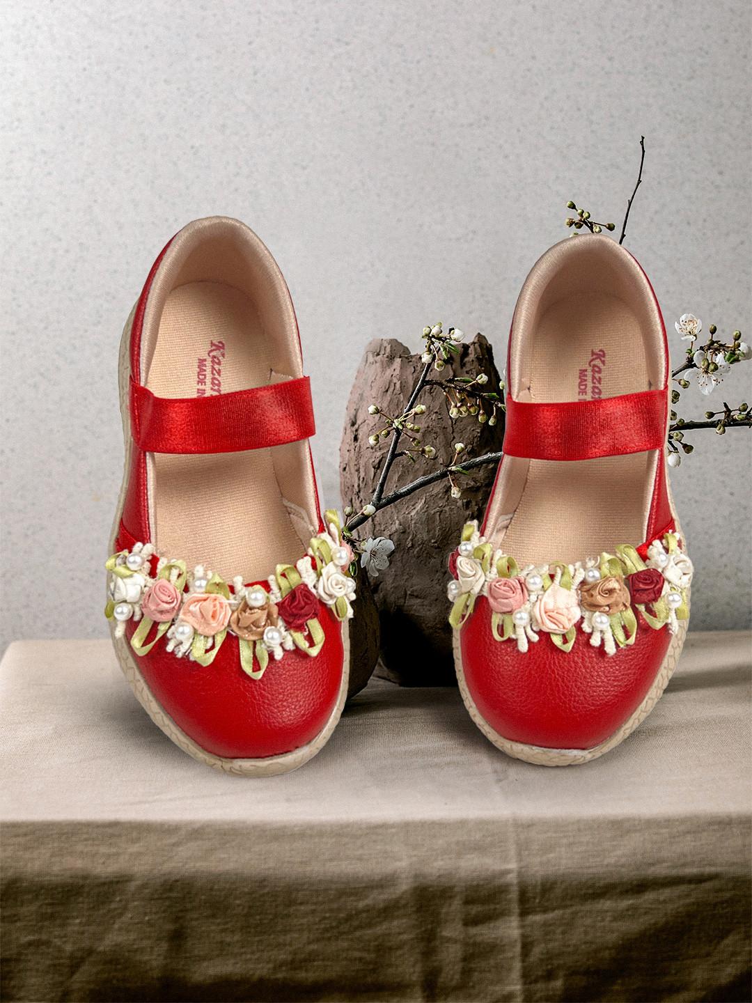 KazarMax Girls Red PU Floral Embellished Mary Jane Ballerina Flats