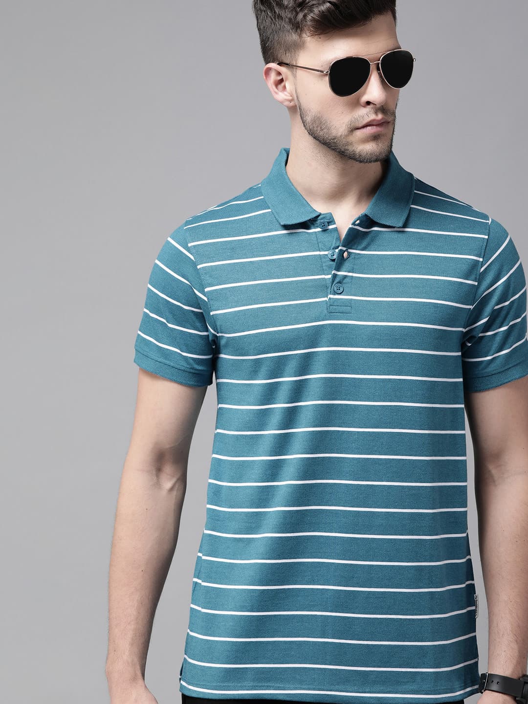 Roadster Men Teal Blue & White Striped Polo Collar T-shirt