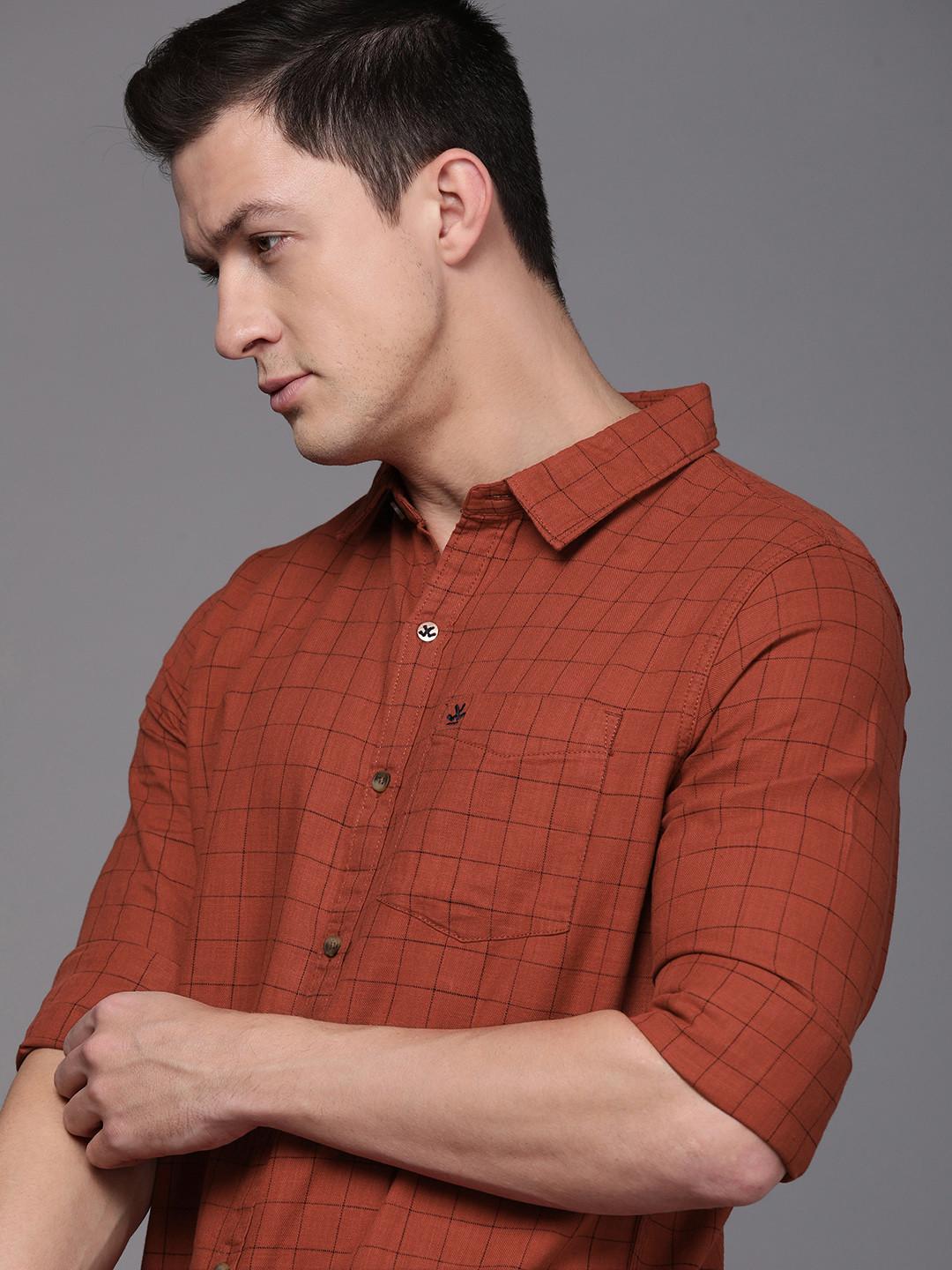 WROGN Men Rust Brown & Black Slim Fit Grid Tattersall Checks Checked Casual Shirt