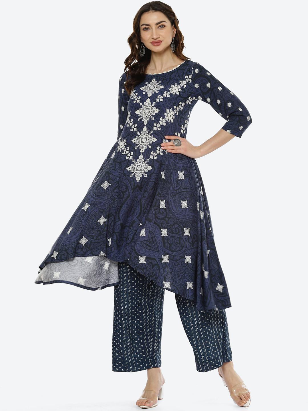 Biba Women Navy Blue & Navy Blue Printed Kurta