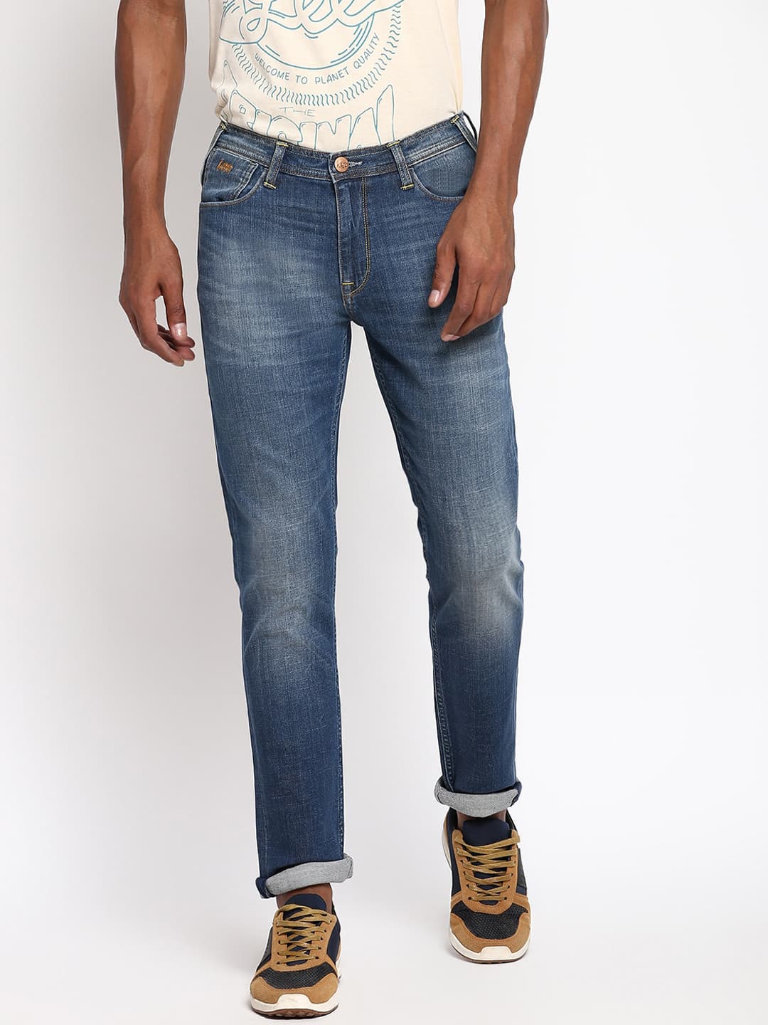 Lee Men Blue Skinny Fit Cotton Low Distress Light Fade Stretchable Jeans