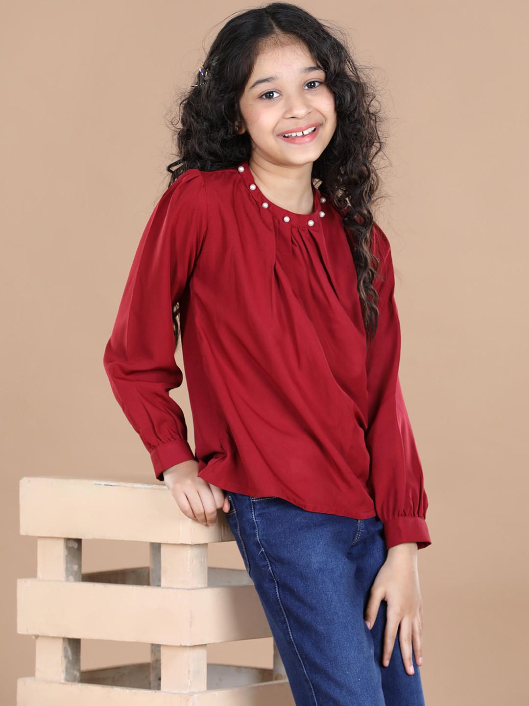 Cutiekins Girls Maroon Solid Embellished Crepe Top