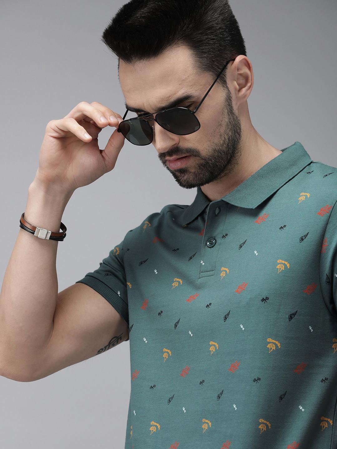 The Roadster Lifestyle Co Men Green Printed Pure Cotton Polo Collar T-shirt