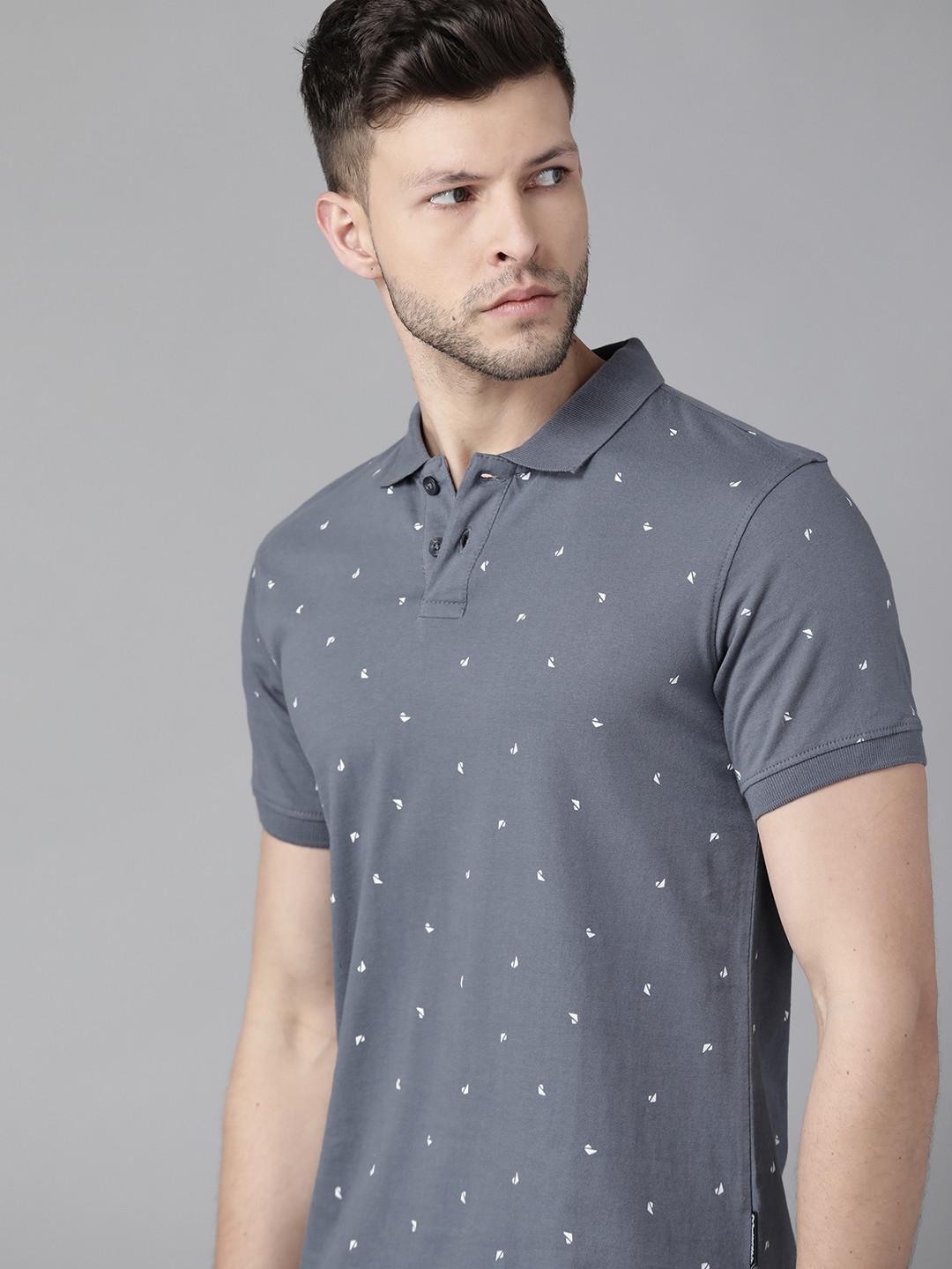 Roadster Men Grey & White Cotton Printed Polo Collar T-shirt