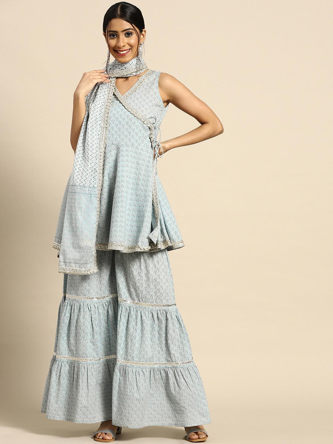 anayna Women Grey & White Floral Printed Angrakha Pure Cotton Kurta with Sharara & Dupatta