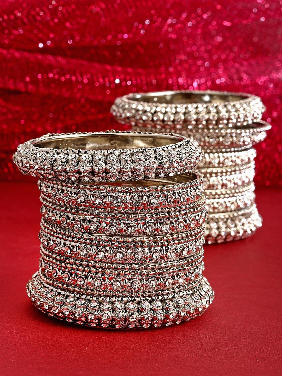 ZENEME Set of 28 Silver-Plated Stone-Studded Textured Oxidized Bangles