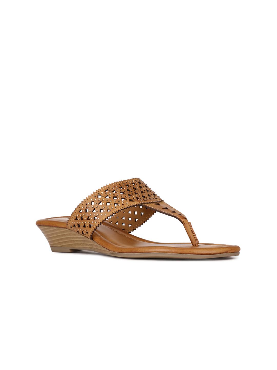 Bata Brown Embellished Wedge Heels with Laser Cuts