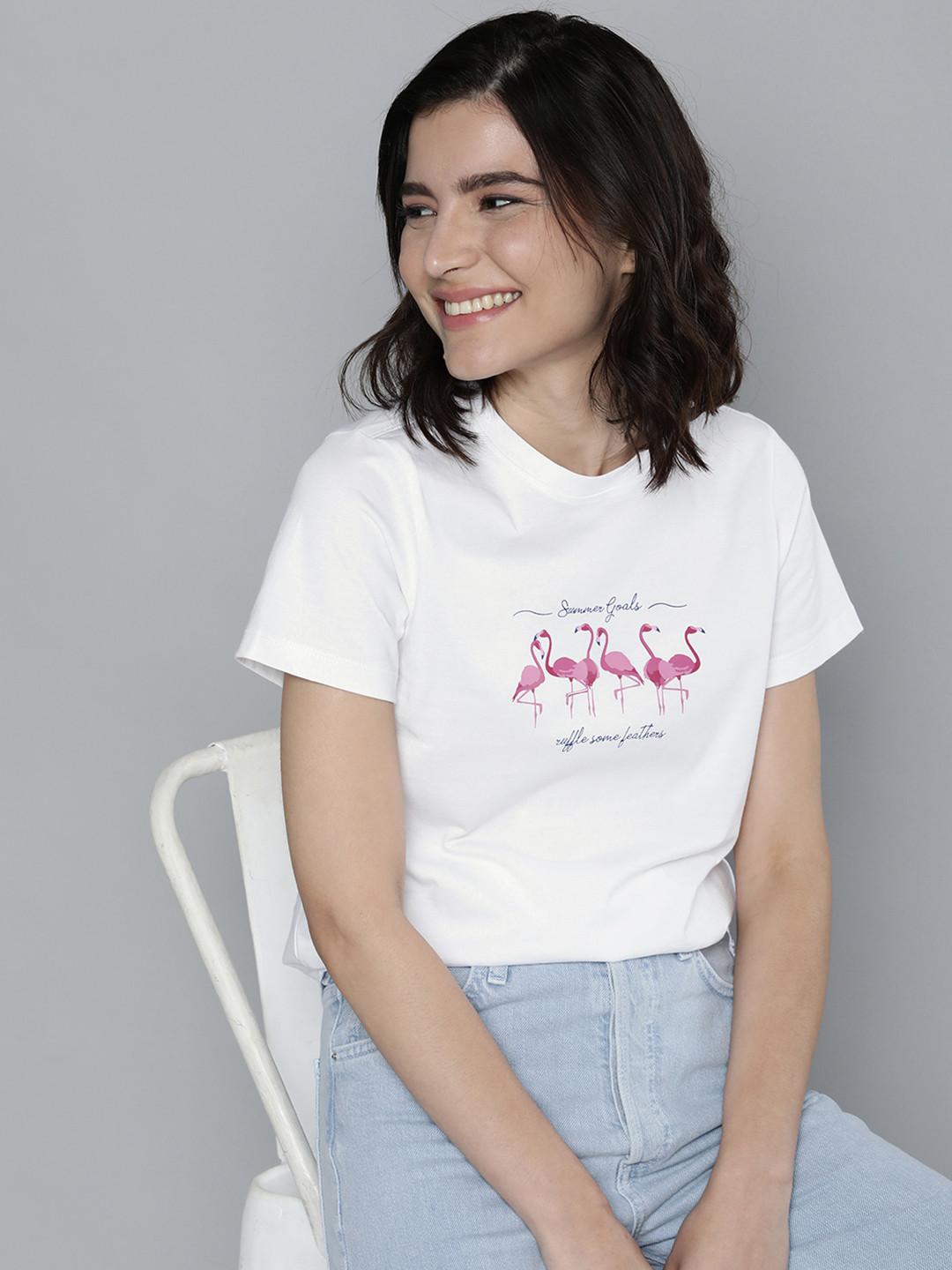 Mast & Harbour Women White & Pink Printed Cotton T-shirt