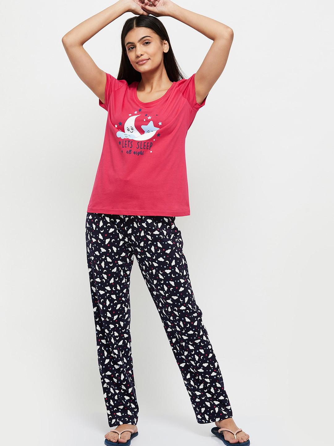 max Women Fuchsia & Black Printed Pure Cotton Night suit
