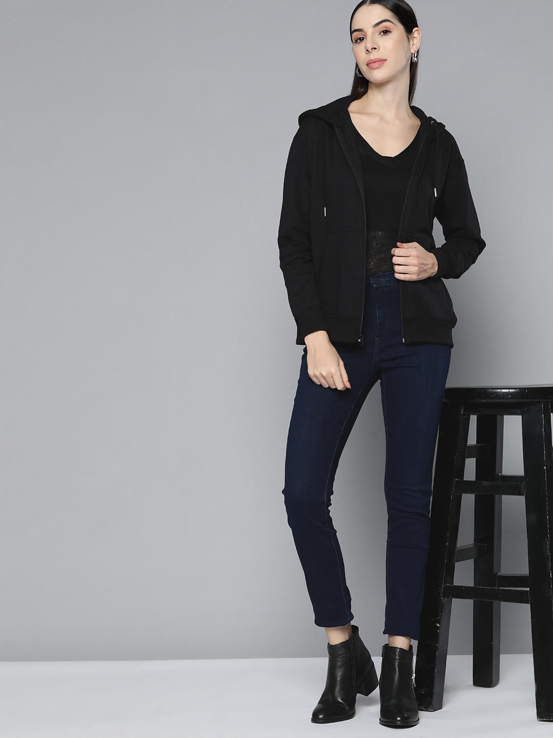 Chemistry Women Black Hooded Front Open Sweatshirt