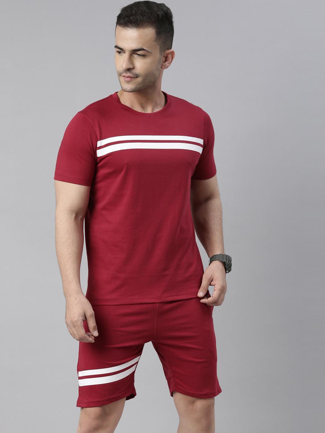 Bushirt Men Maroon & White Striped Night Suit