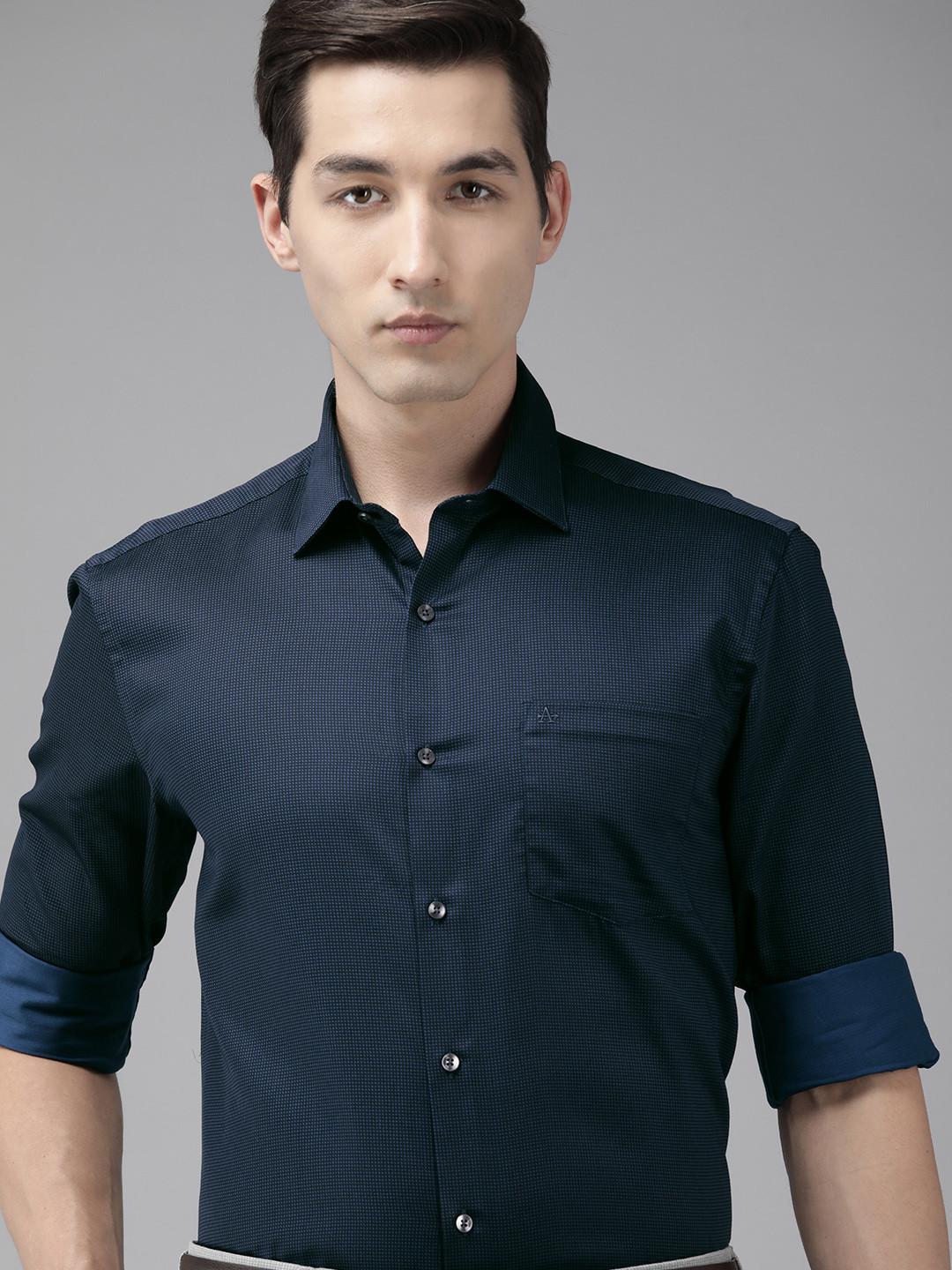 Arrow Men Navy Blue Manhattan Slim Fit Printed Pure Cotton Formal Shirt