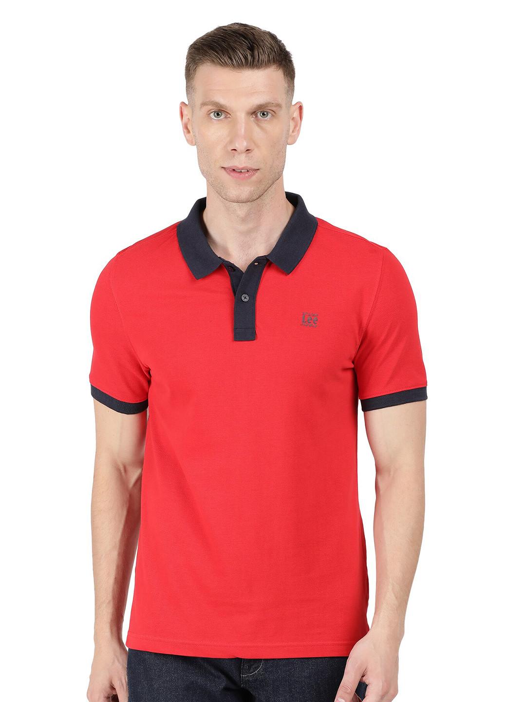 Lee Men Red & Navy Blue Polo Collar Slim Fit T-shirt
