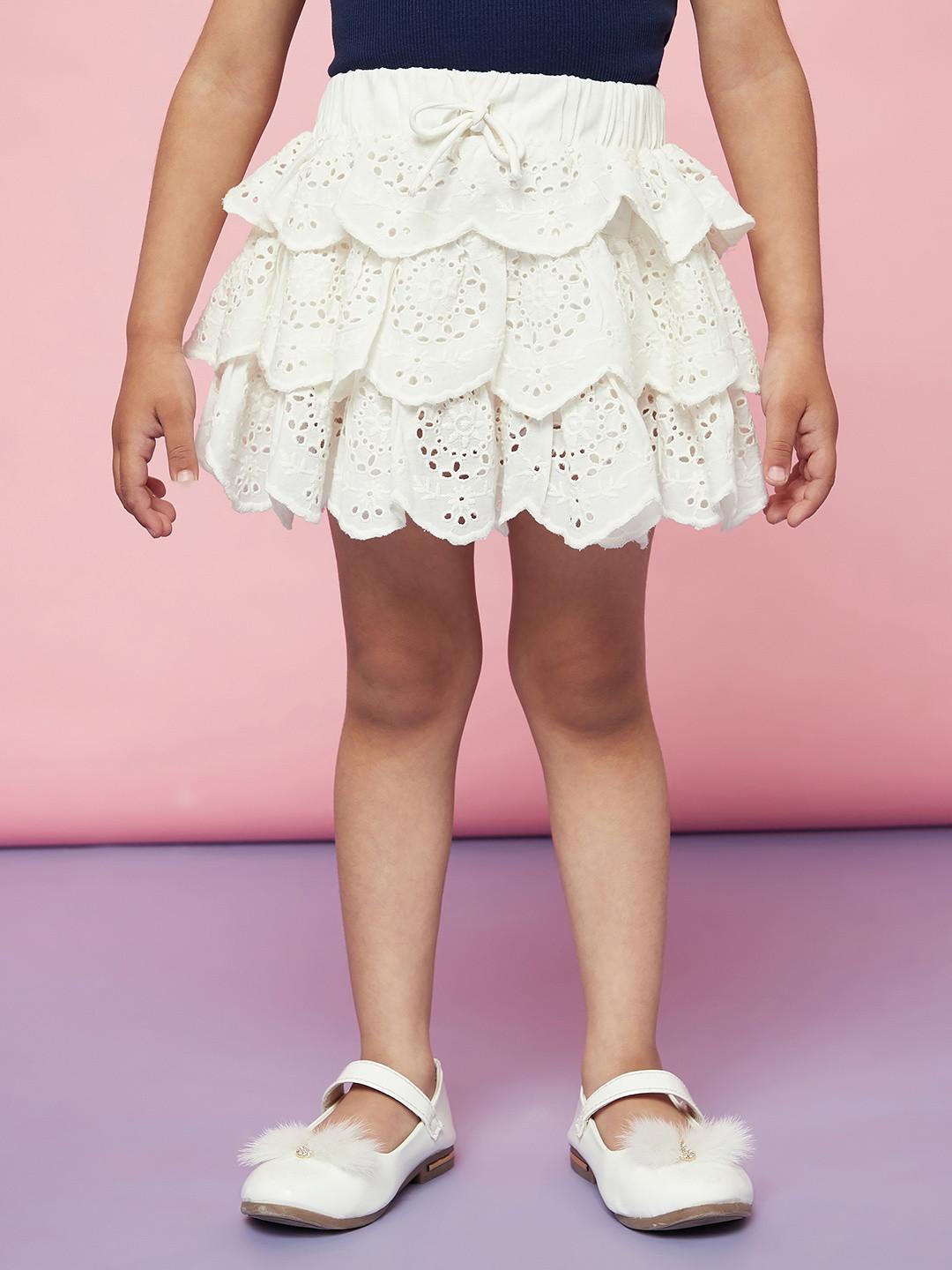 SPUNKIES Girls White Schiffli Printed Knee Length Flared Skirts