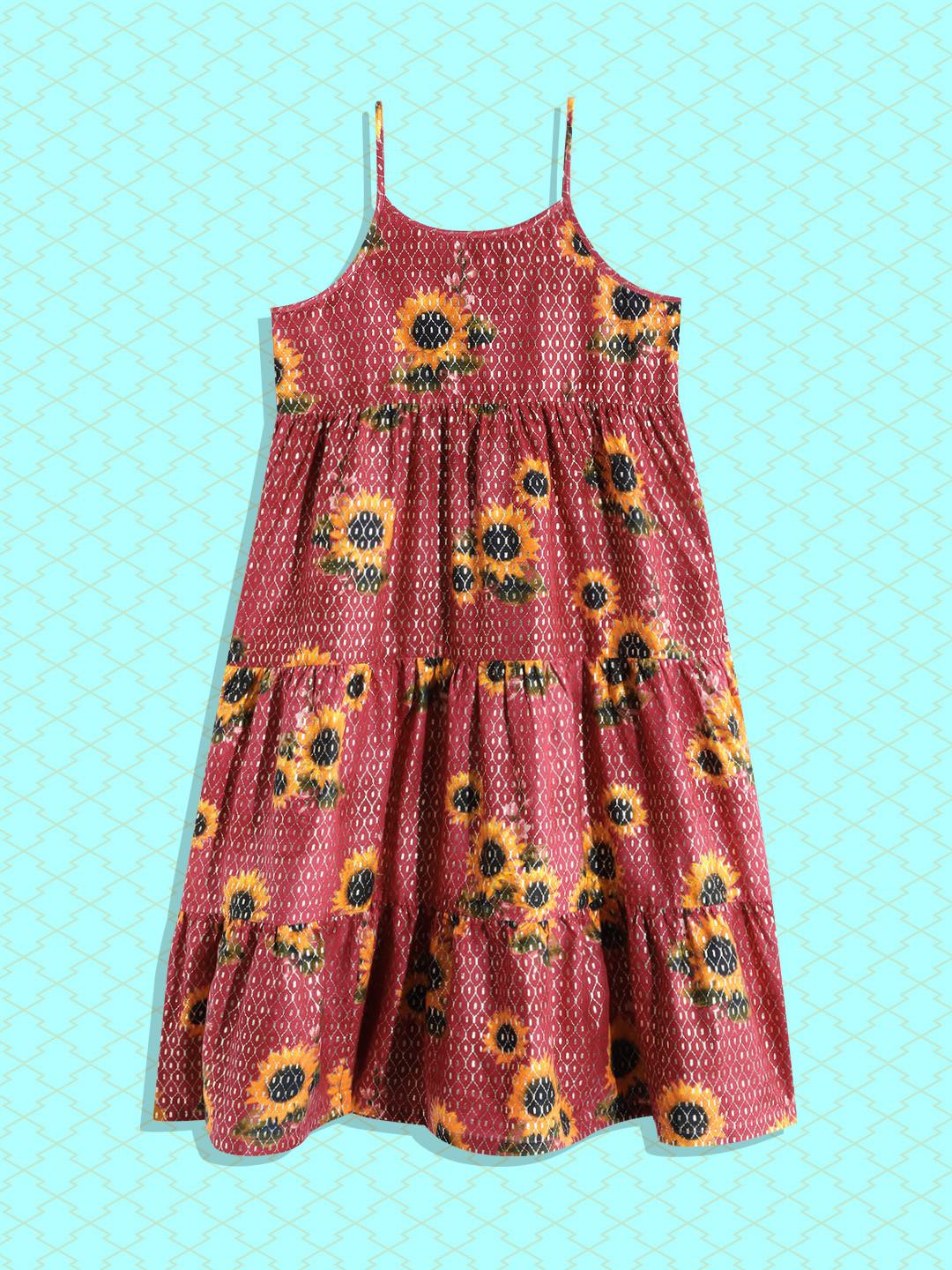 Biba Girls Pink & Golden Floral Print Tiered Pure Cotton Anarkali Kurta
