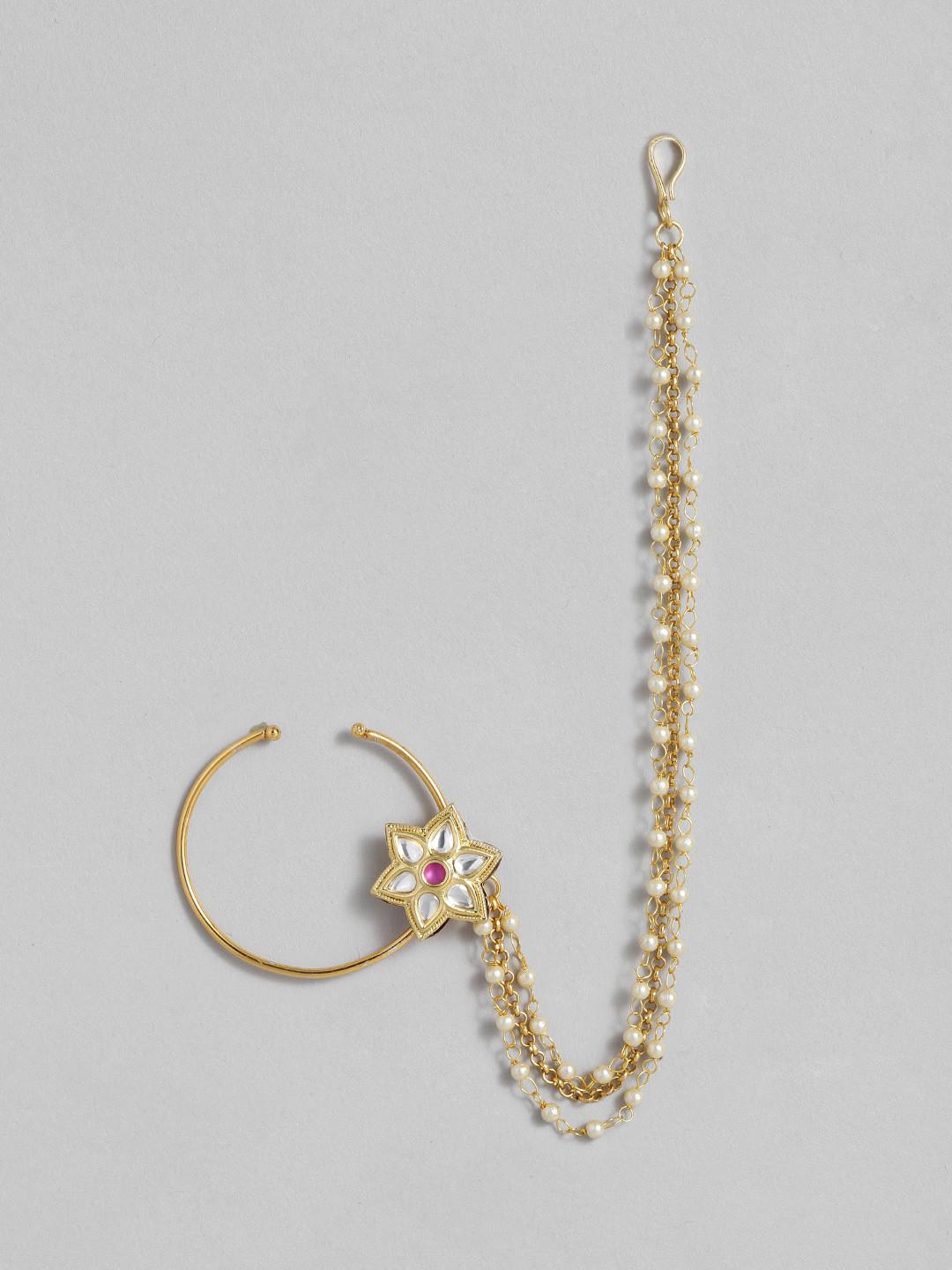 Peora Gold-Plated Kundan Studded Floral Nose Ring Nath without Piercing with Chain