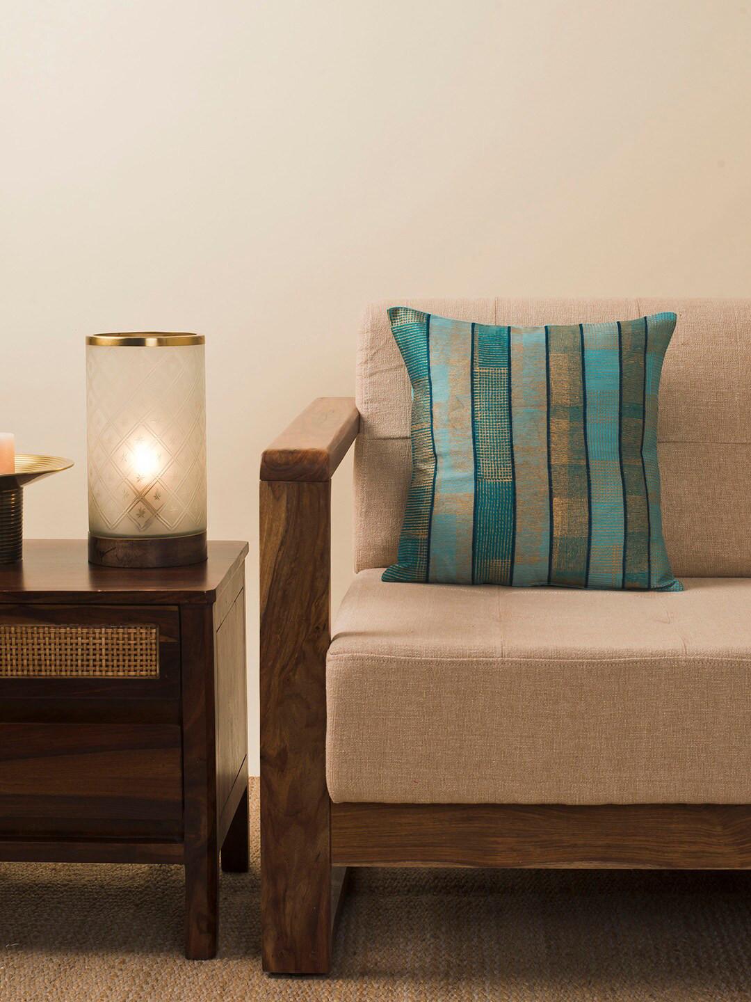 Fabindia Turquoise Blue Striped Silk Durable Embroidered Square Cushion Cover -16x16In
