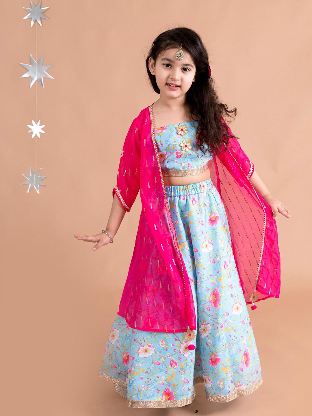 Pspeaches Girls Blue And Pink Floral Silk Lehenga Choli Cape Set