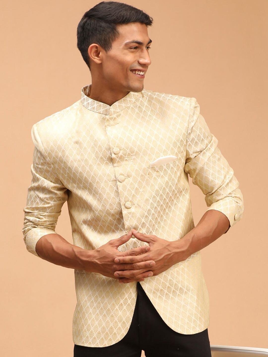 VASTRAMAY Men Cream Colored Self-Design Slim-Fit Single Breasted Jodhpuri Blazers
