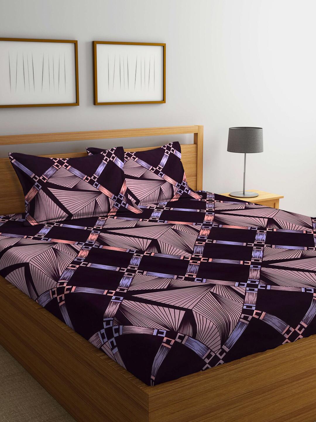 Arrabi Brown Geometric Polycotton 300 TC King Fine Bedsheet with 2 Pillow Covers-98 x 85 inches