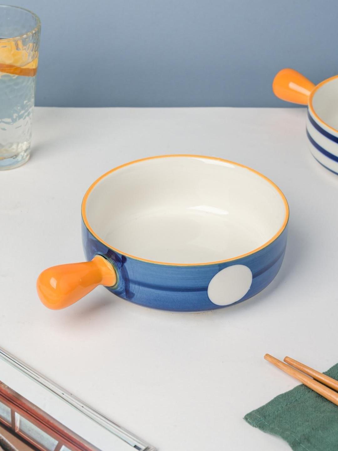 Nestasia Blue & White Microwave safe Printed Ceramic Glossy Snack Bowl With Handle 700 ml