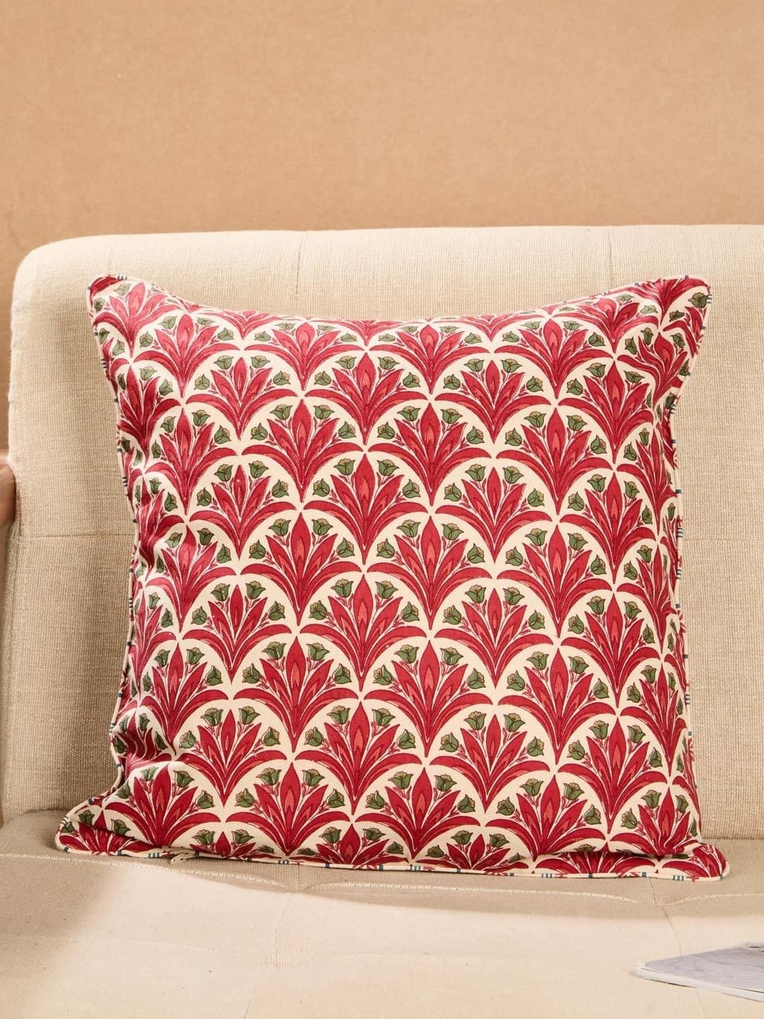 Fabindia Gulzar Beige and Red Floral Printed Cotton Square Cushion Cover