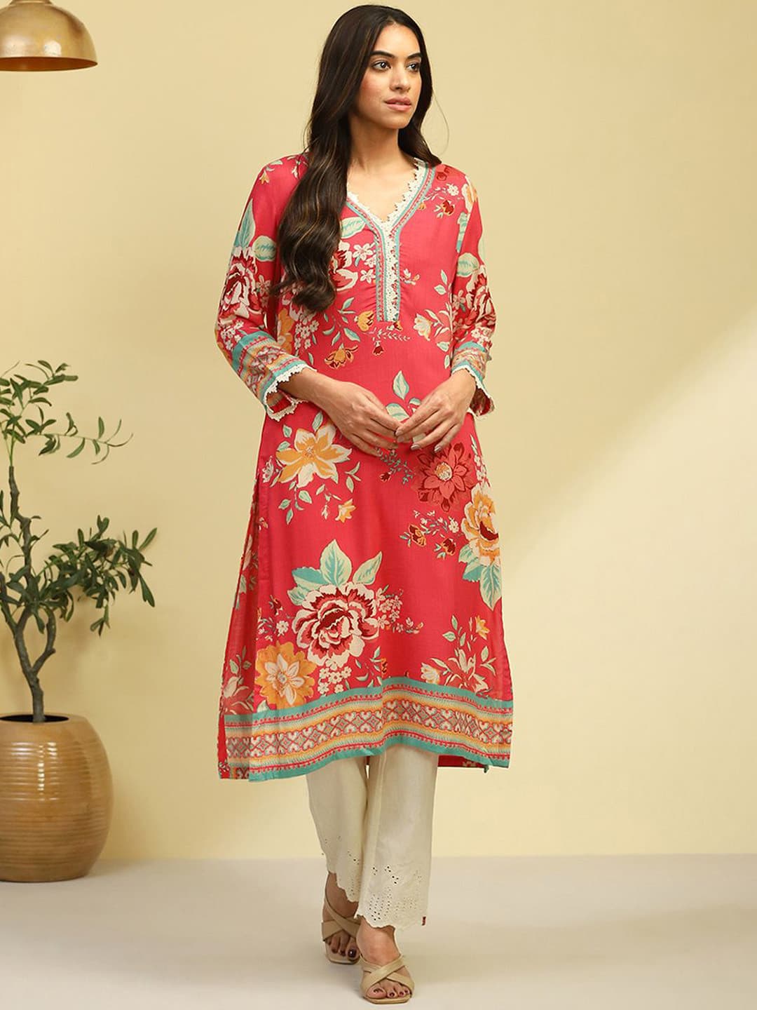 Biba Floral Printed Flared Sleeves A-Line Kurta