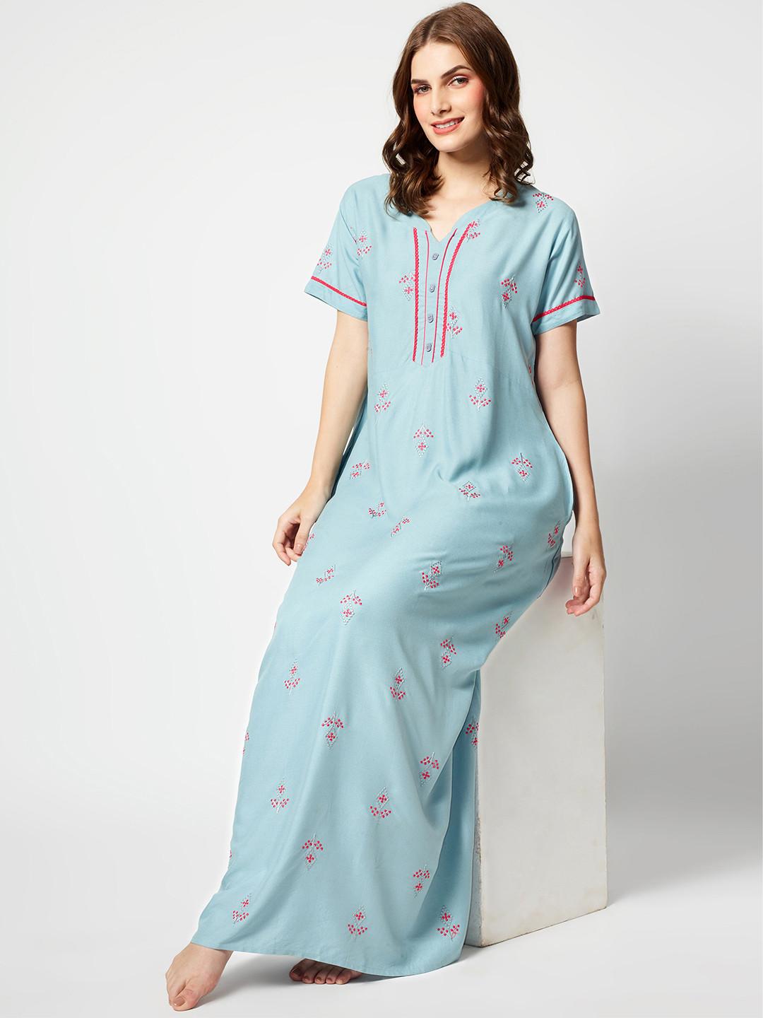 Zeyo Ethnic Motifs Embroidered Maxi Nightdress