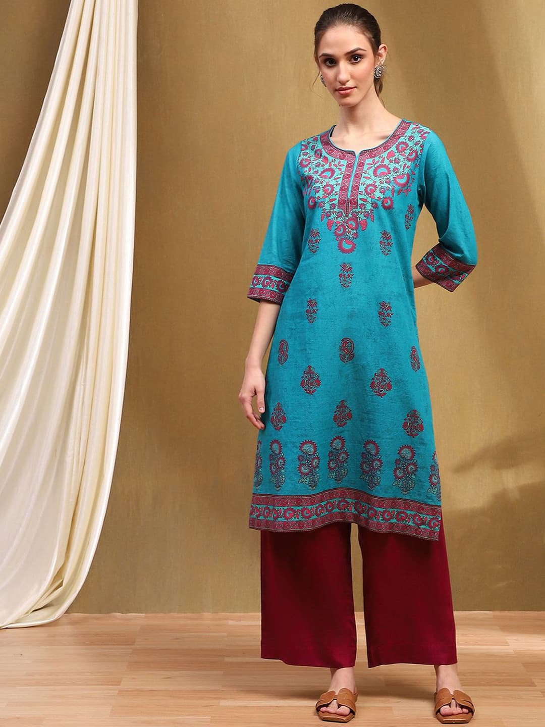 Biba Floral Printed Cotton Straight Kurta