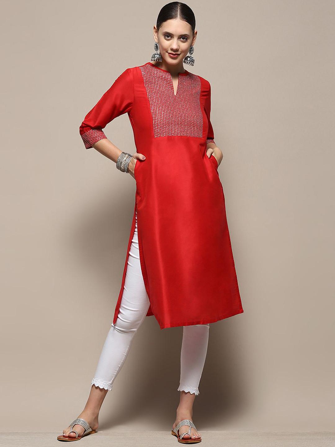 Biba Geometric Yoke Design Mandarin Collar Thread Work Straight Kurta