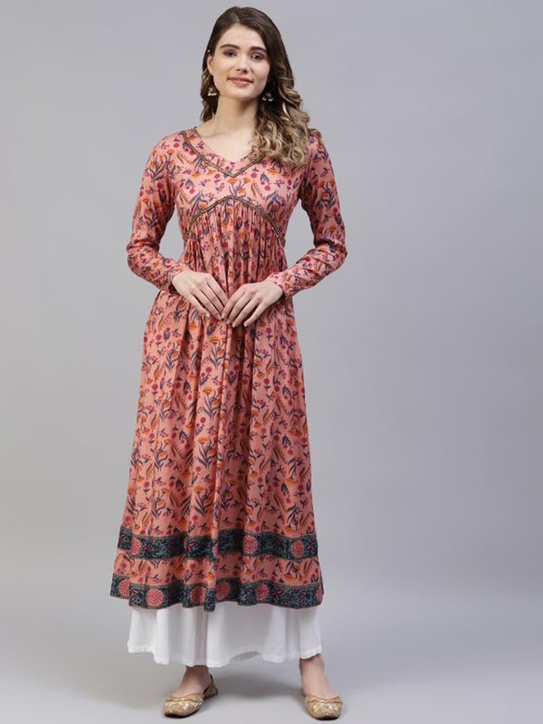 KALINI Floral Printed Notch Neck Empire Cotton Silk Anarkali Kurta