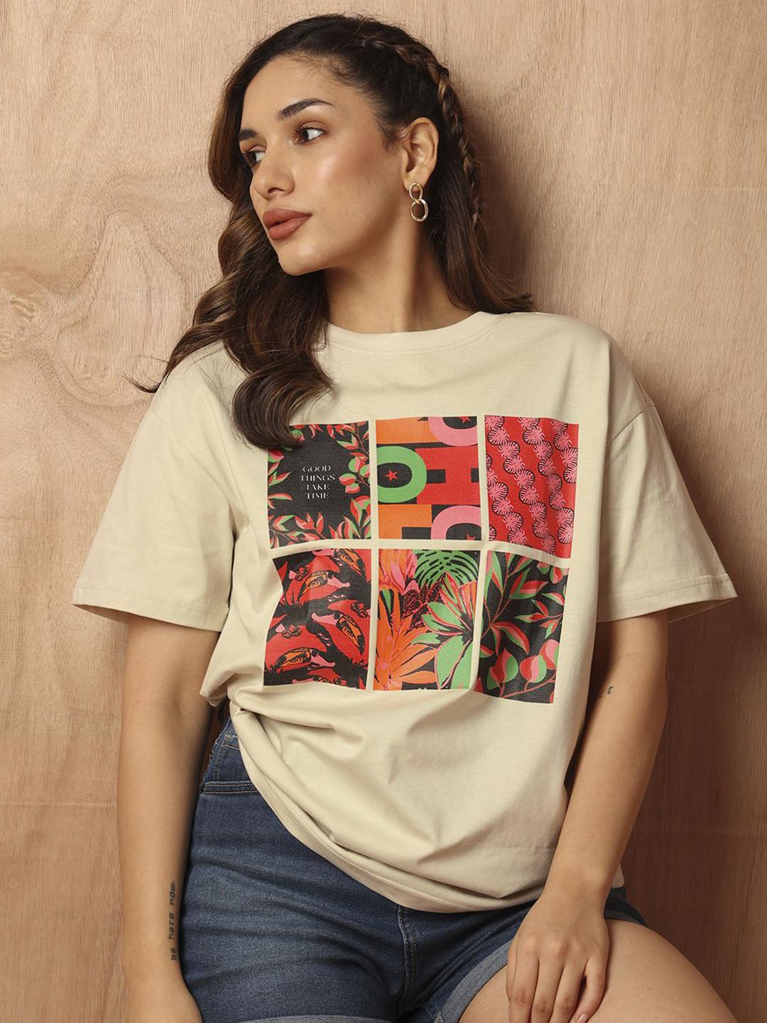 The Roadster Lifestyle Co. Women Graphic Printed Round Neck Cotton Oversized T-Shirt