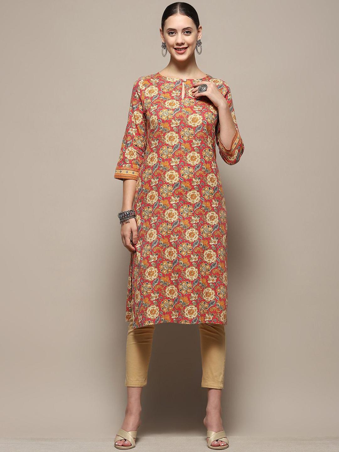 Biba Floral Printed Keyhole Neck Cotton Straight Kurta
