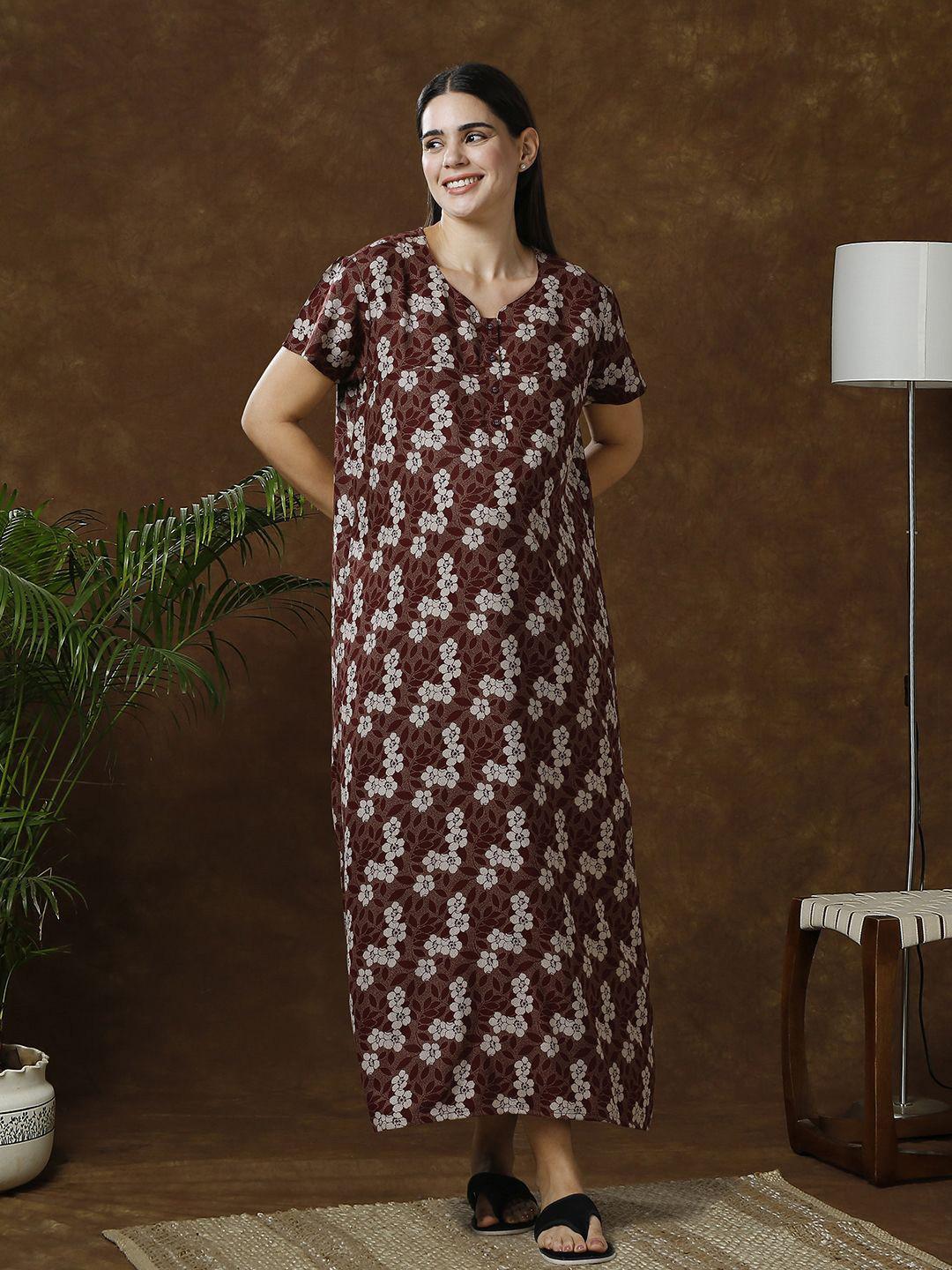 MomToBe Women Maroon Printed Maxi Cotton Nightdress
