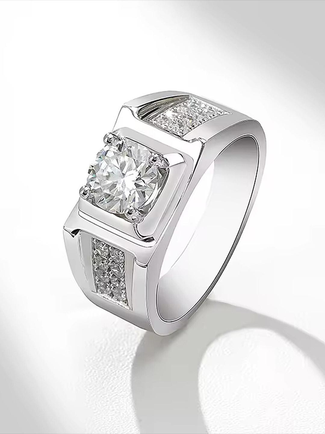 Lila Men Sterling Silver-Plated American Diamond Stone Studded Adjustable Finger Ring