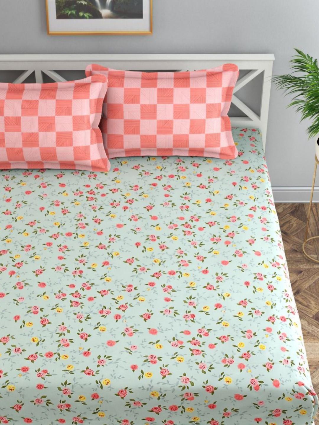 Florida Flyn Sea Green Floral Cotton Breathable 200 TC King Fine Bedsheet with 2 Pillow Covers-90 x 108 inches