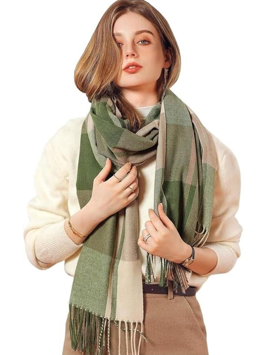 Alexvyan Women Winter Checked Large Warm Fringed Woolen Soft Wrap & Stoles