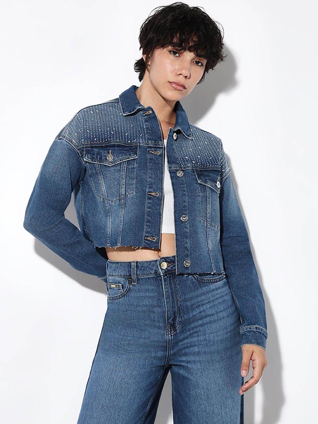 ONLY Women Spread Collar Washed Self Design Cotton Casual Denim Jacket