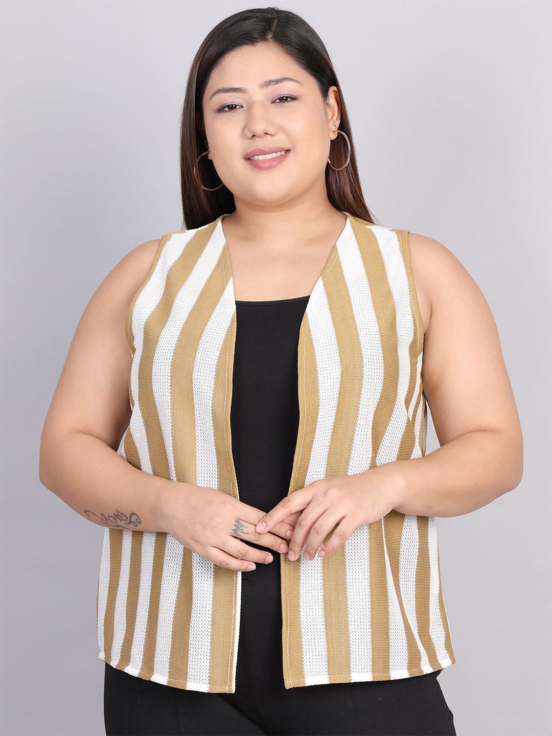 Rute Plus Size Striped Sleeveless Pure Cotton Open Front Shrug