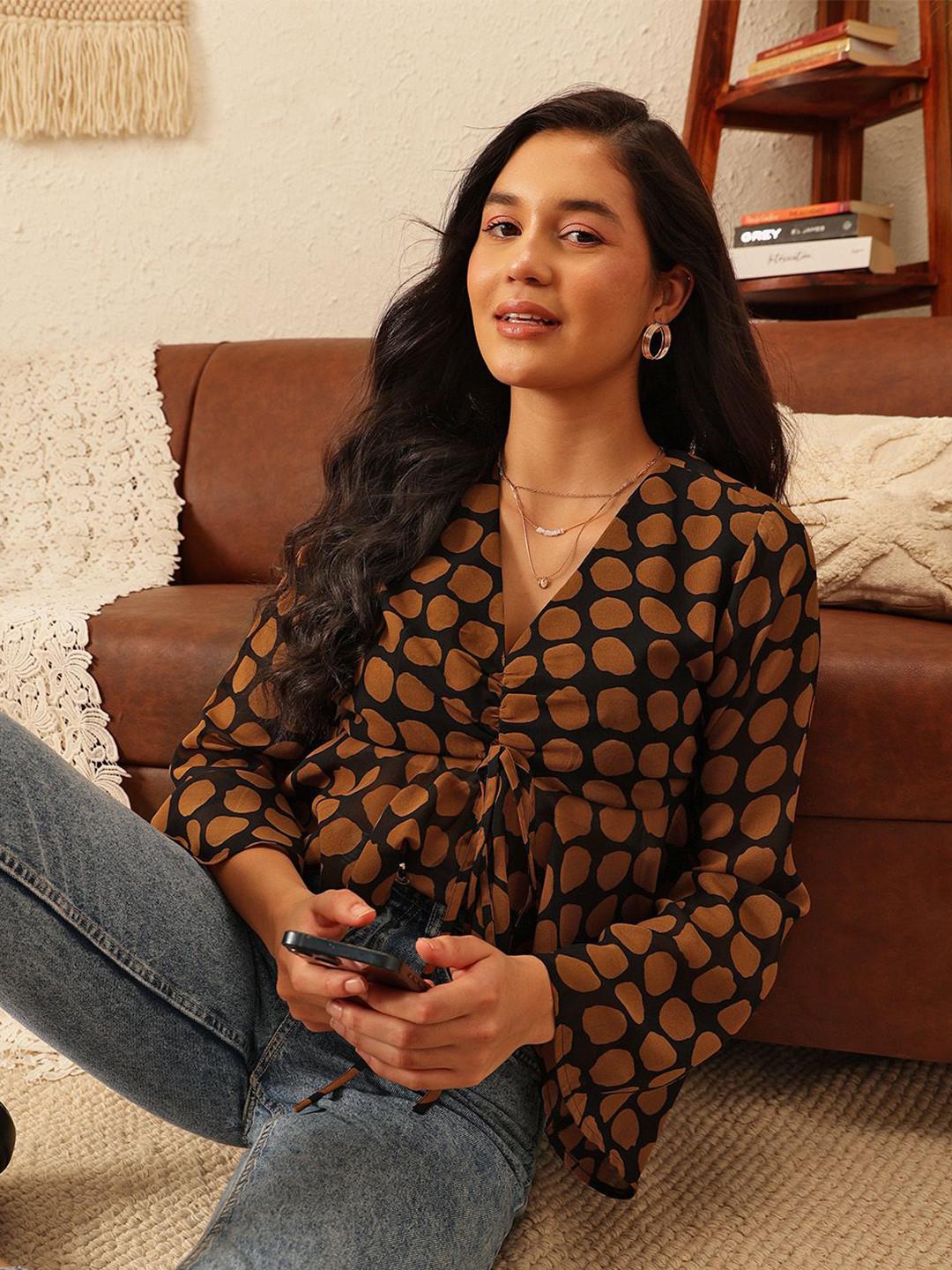 QUIERO Women Polka Dot Printed Flared Sleeve Georgette Peplum Crop Top