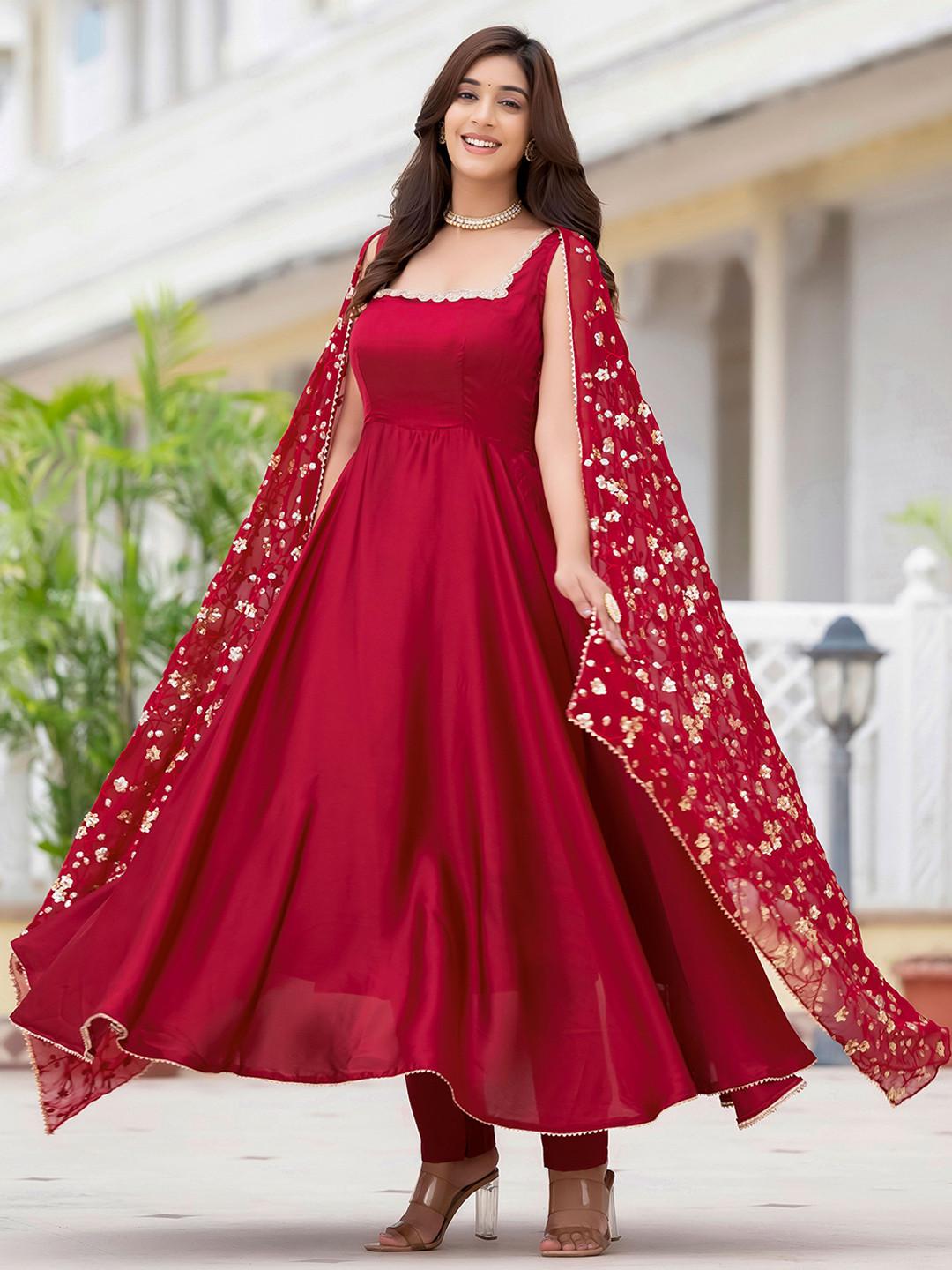 TextileNow Square Neck Sleeveless Sequinned Satin Anarkali Kurta With Trousers & Dupatta
