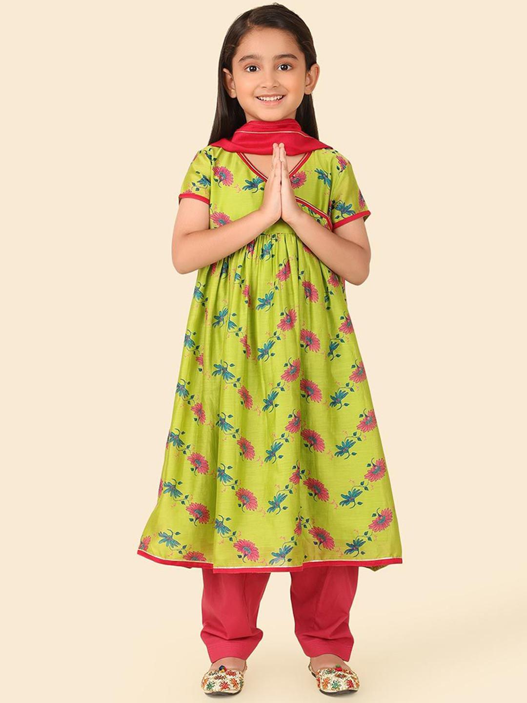 Fabindia Girls Floral Printed V-Neck Cotton Silk Anarkali Kurta with Salwar & Dupatta