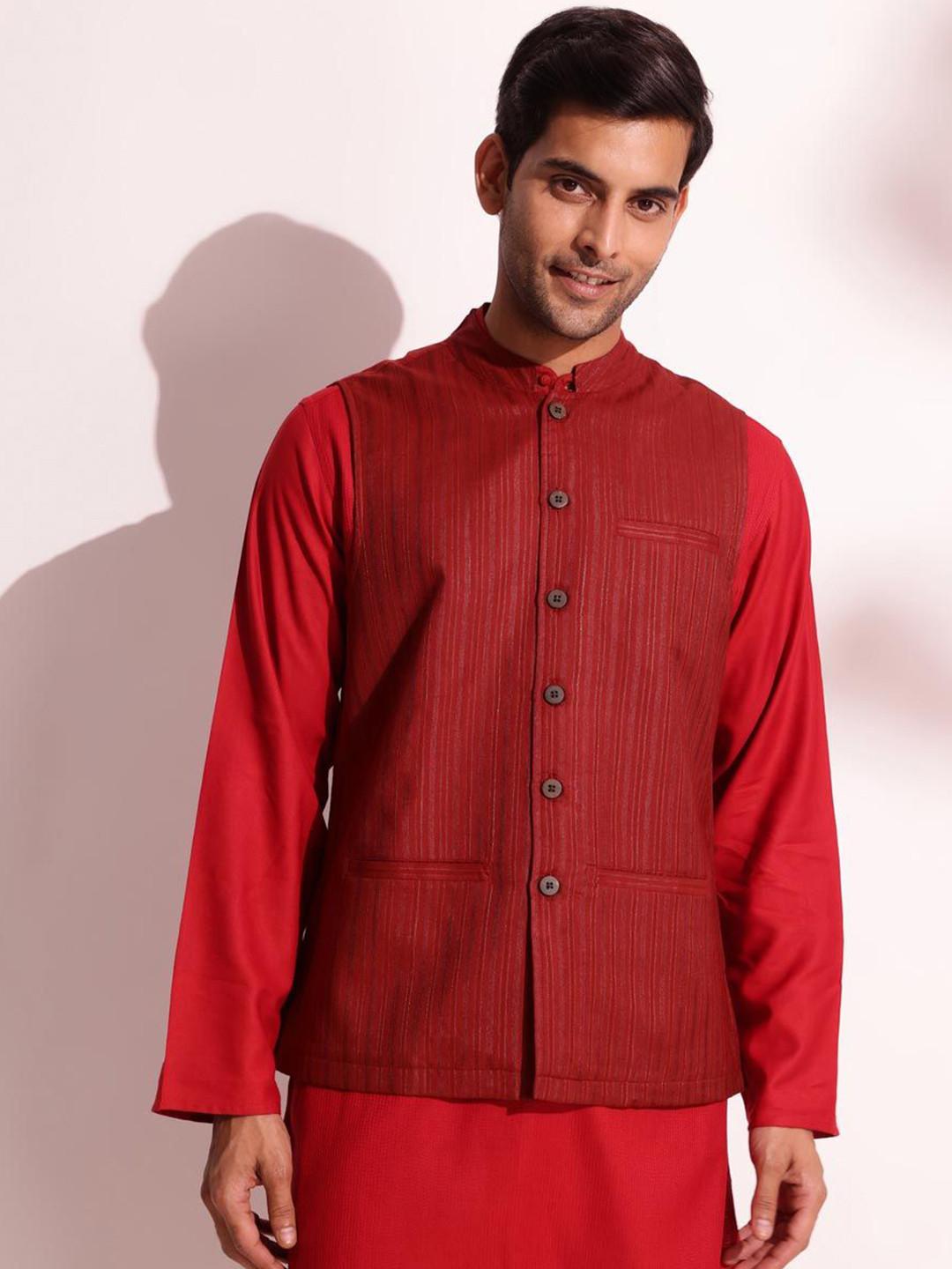 Fabindia Men Striped Mandarin Collar Nehru Jacket