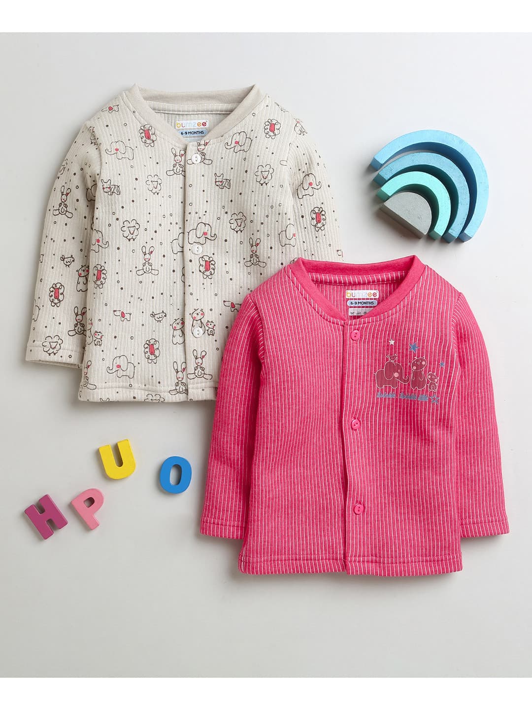 BUMZEE Infants Girls Pack Of 2 Striped Cotton Thermal Tops