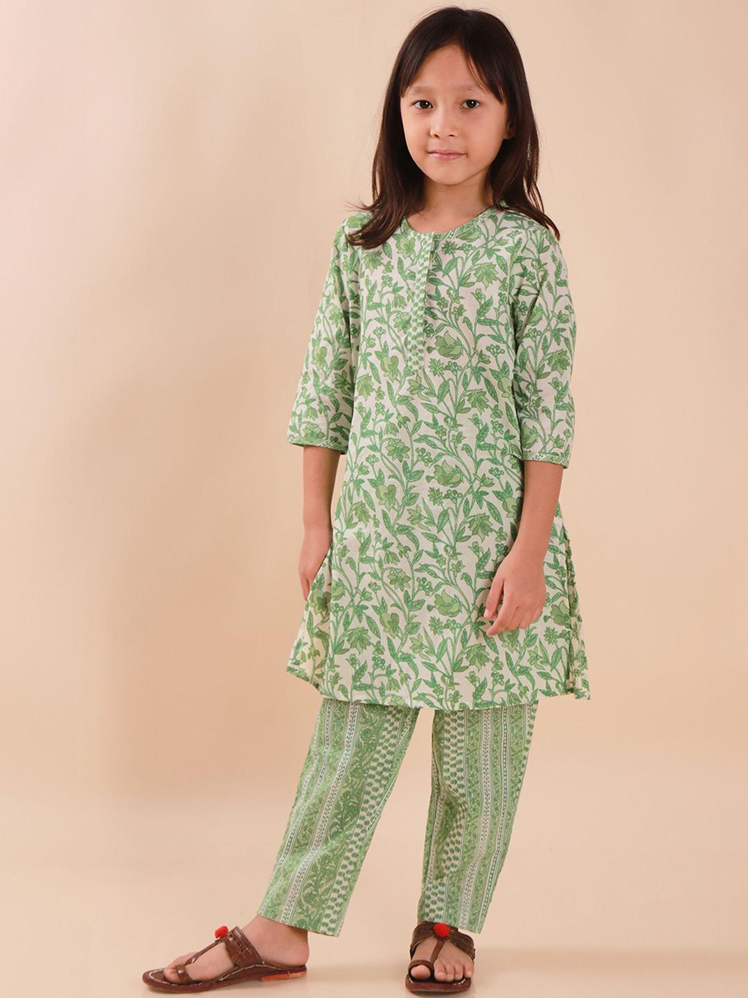 Sangria Girls Cream Coloured Floral Printed Pure Cotton Straight Kurta with Trousers