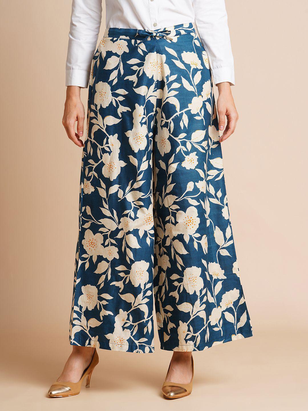 RATAN Women Cotton Printed Loose Fit Flared Wide Leg Palazzo Pants