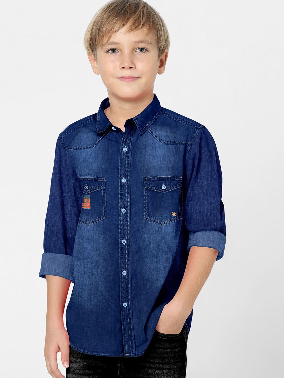 FABFARM Boys Standard Spread Collar Solid Denim Casual Shirt