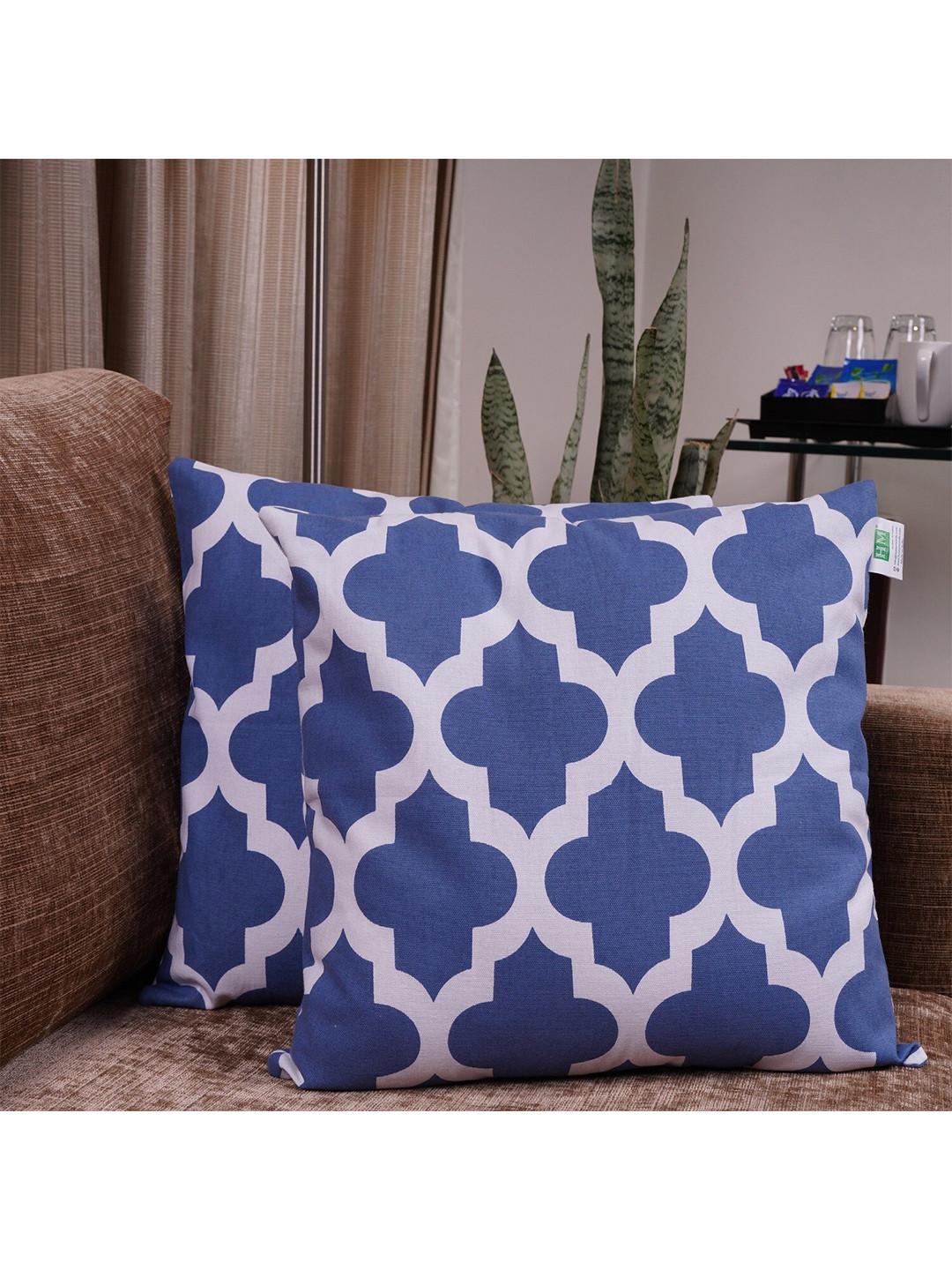 HOMEMONDE Blue Ethnic Motifs Cotton Lightweight 2 Piece Square Quatrefoil Cushion Covers