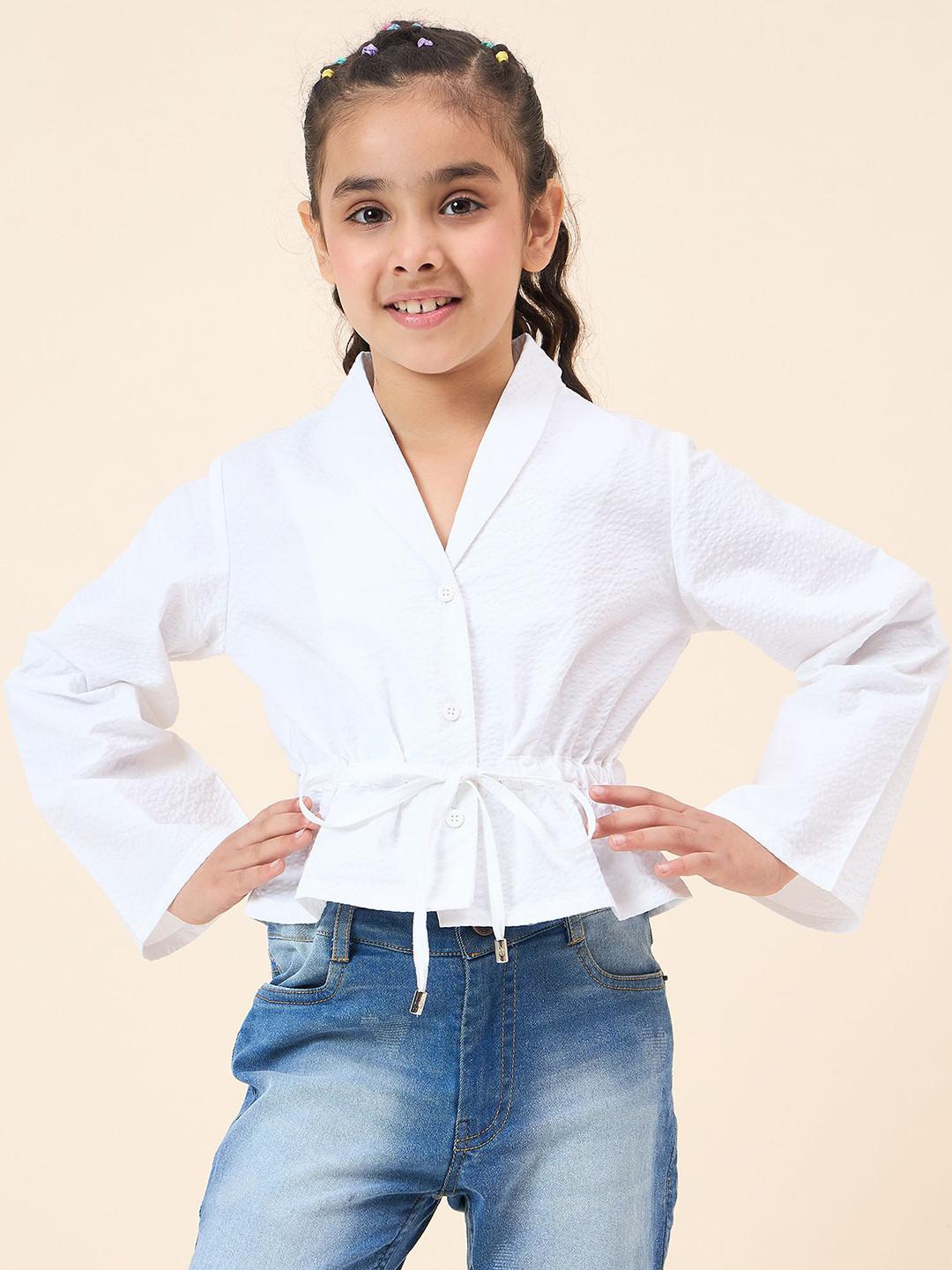 StyloBug Girls Self Design Flared Sleeve Cinched Waist Top