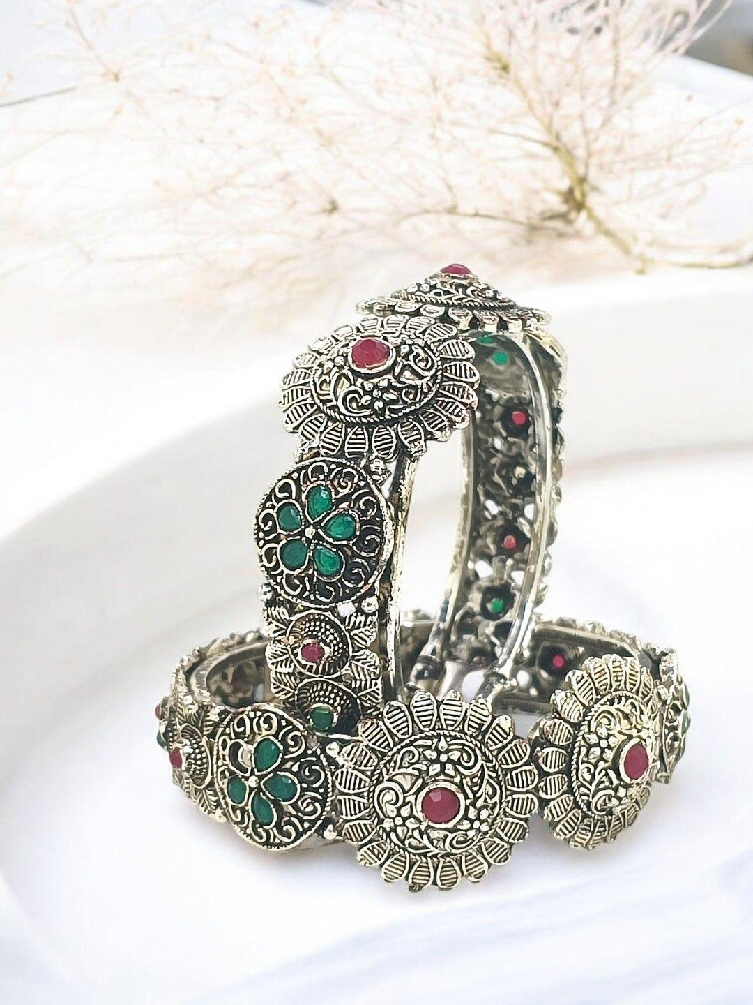 FEMMIBELLA Set Of 2 Silver-Plated Oxidised Stone Studded Cuff Bangles
